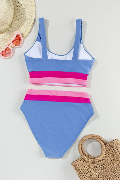 Swimwear/High Waisted Swimsuit Light Blue Colorblock High Waisted Bikini Swimsuit