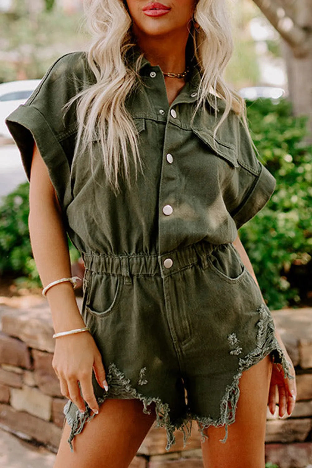 Moss Green Distressed Frayed Denim Romper - Chic Meadow Boutique 