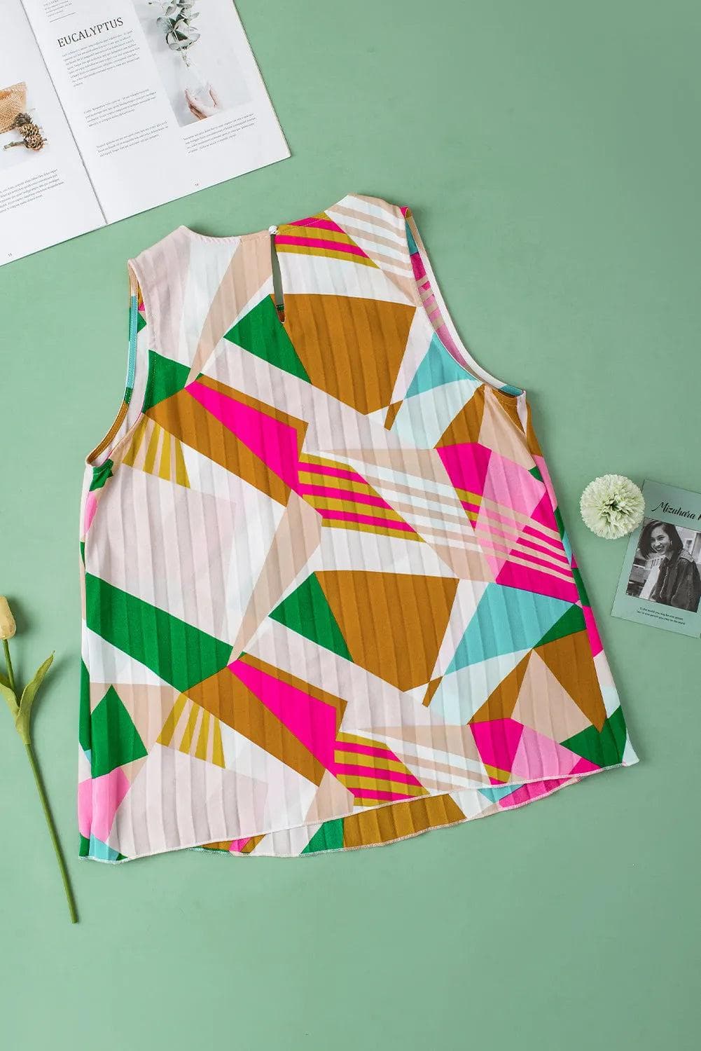 Tops/Tank Tops Multicolour Geometric Printed Pleated Shift Tank Top