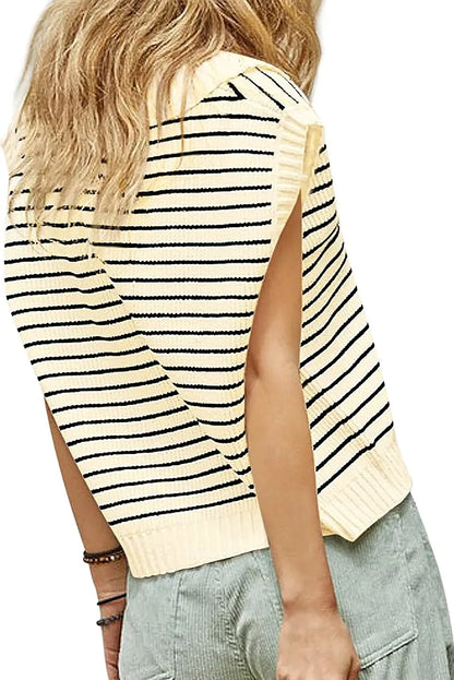 Beige Stripe Turn-down V Neck Sweater Tank Top - Chic Meadow Boutique 