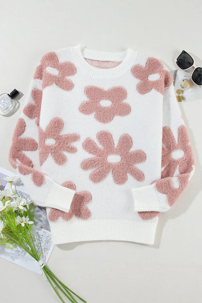 White Textured Flower Drop Shoulder Loose Sweater - Chic Meadow Boutique 