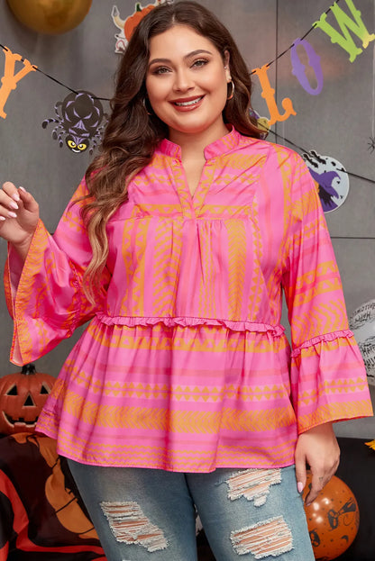 Vitality Orange Plus Size Geometric Embroidered Bell Sleeve Babydoll Blouse - Chic Meadow Boutique 