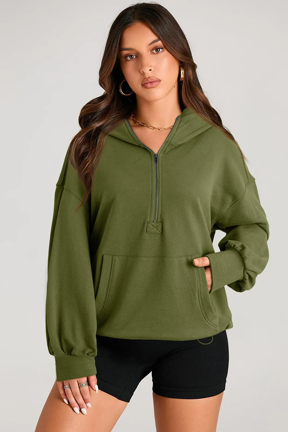 Moss Green Solid Kangaroo Pocket Half Zipper Oversized Hoodie - Chic Meadow Boutique 