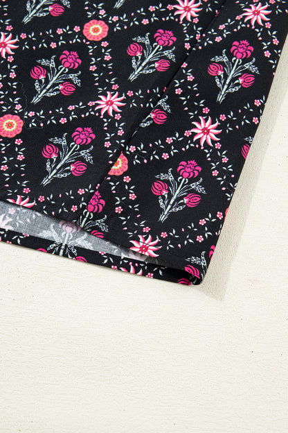 Black Contrast V Neckline Bracelet Sleeve Vintage Floral Blouse