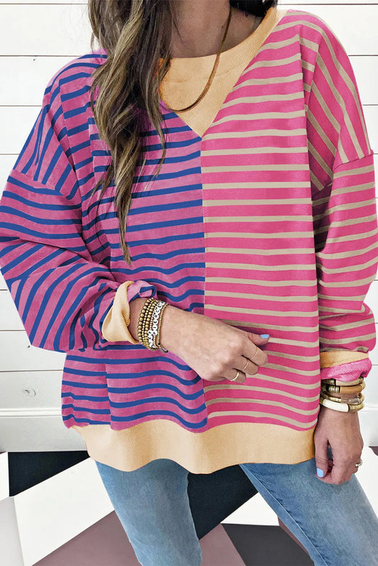 Pink Stripe Colorblock Drop Shoulder Oversize Sweatshirt - Chic Meadow Boutique 