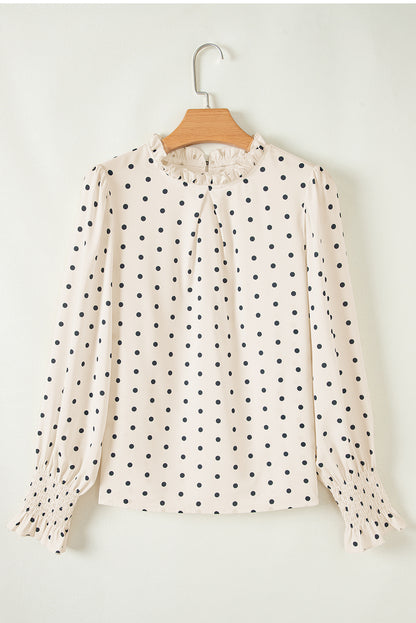 Apricot Polka Dot Print Frilled Collar Lantern Sleeve Blouse