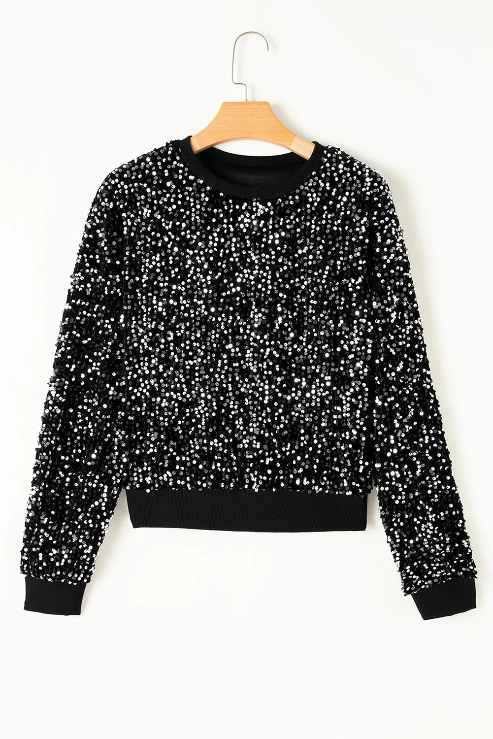 Black Sequined Long Sleeve Crew Neck Cropped Blouse - Chic Meadow Boutique 