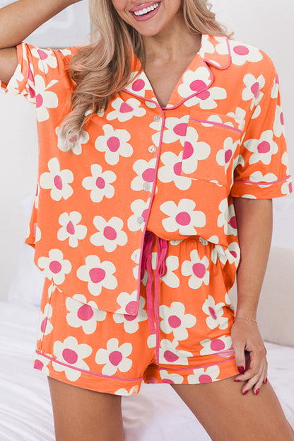 Orange Flower Print Short Sleeve Shirt Pajamas Set