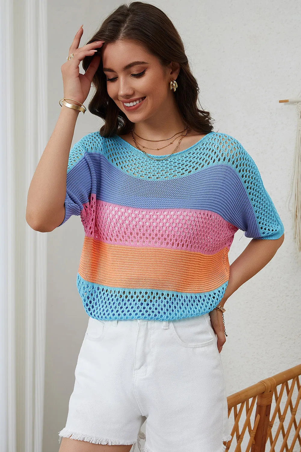 Sky Blue Knitted Eyelet Colorblock Striped Half Sleeves Top - Chic Meadow Boutique 