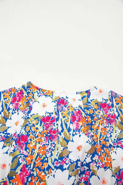 Rose Green Floral Print Bow Applique Slit Sleeveless Peplum Blouse