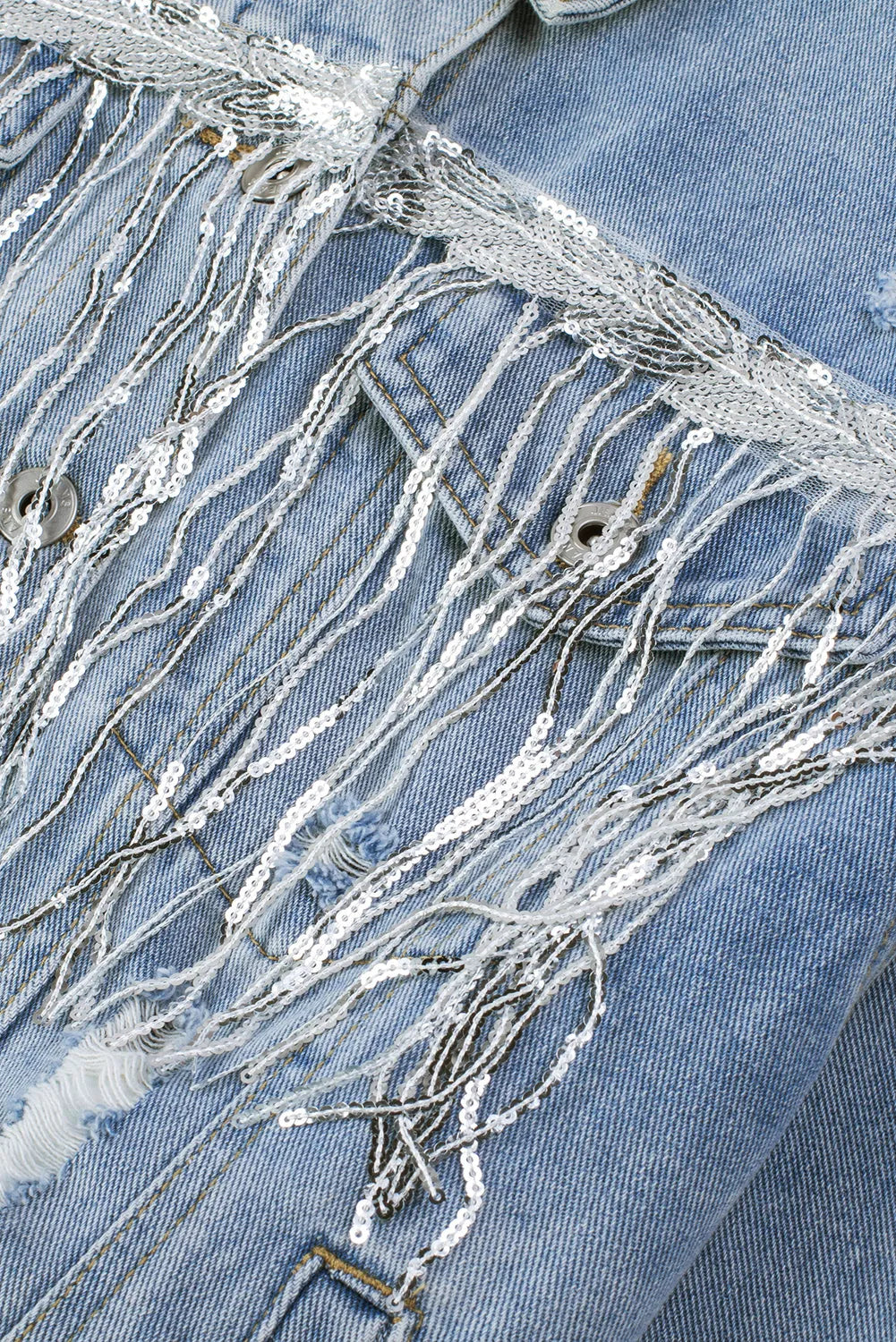 Sky Blue Sequin Embellished Fringe Distressed Denim Jacket - Chic Meadow Boutique 