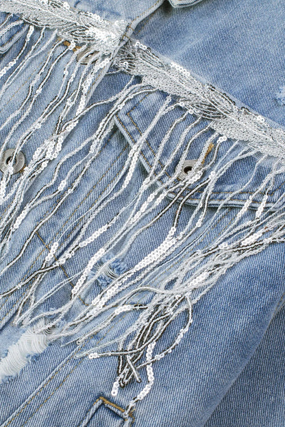 Sky Blue Sequin Embellished Fringe Distressed Denim Jacket - Chic Meadow Boutique 