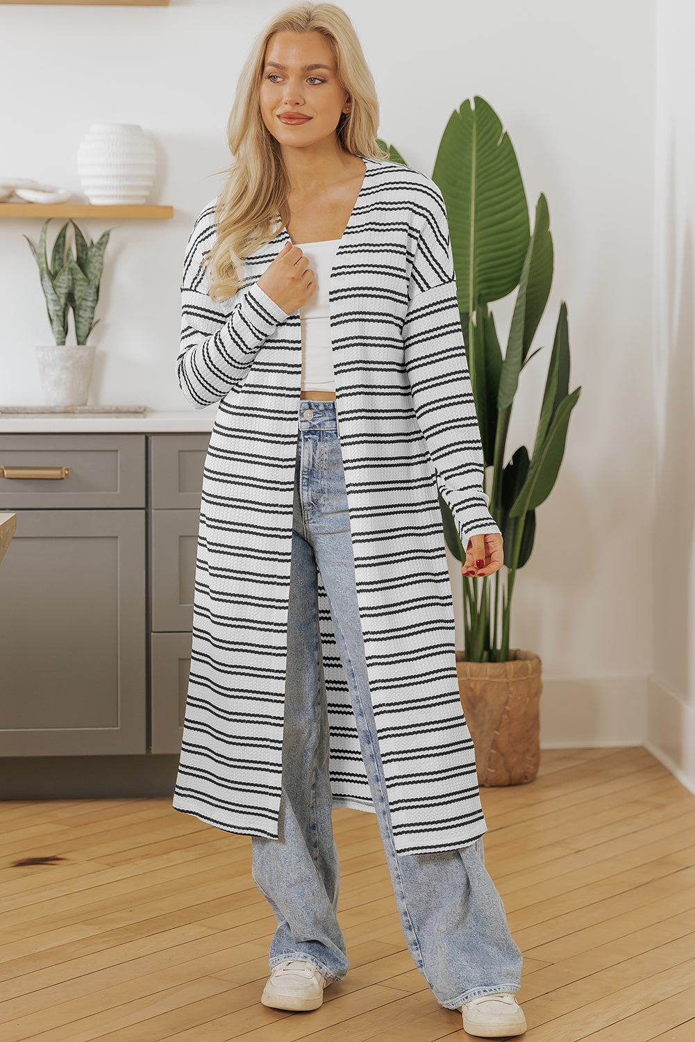 Black Stripe Print Open Front Duster Cardigan