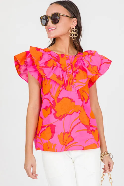 Rose Floral Ruffled Trim Flutter Sleeve Summer Top - Chic Meadow Boutique 