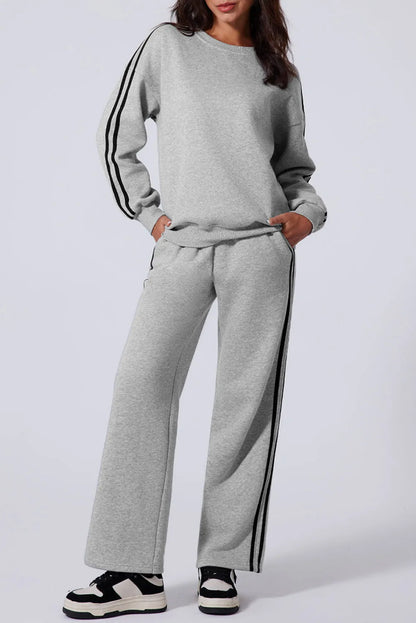 Light Grey Solid Color Side Striped Sweatshirt Active Set - Chic Meadow Boutique 