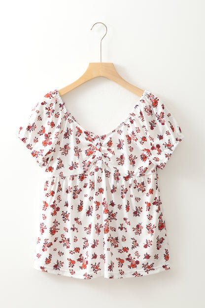 White Boho Floral Ruched Cinched Short Sleeve Blouse