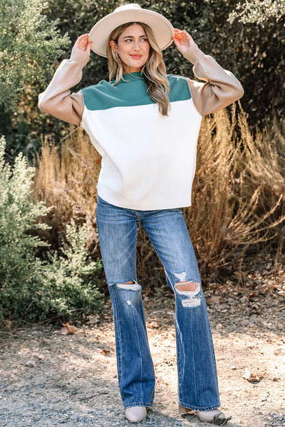 Green Color Block Plain Ribbed Knit Baggy Sweater