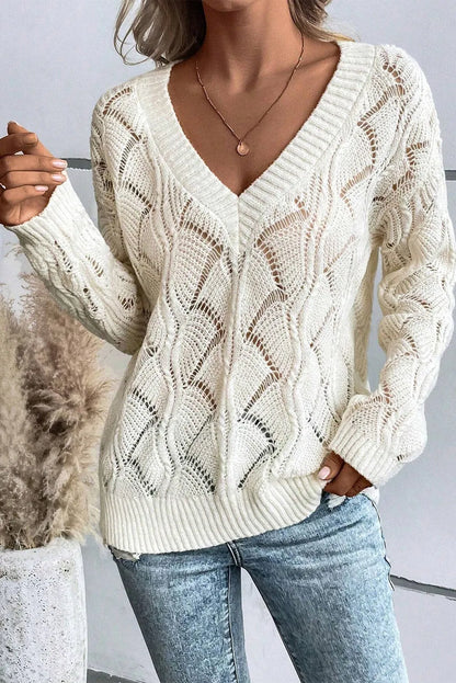 Beige Hollow Out Knit V Neck Drop Shoulder Sweater - Chic Meadow Boutique 