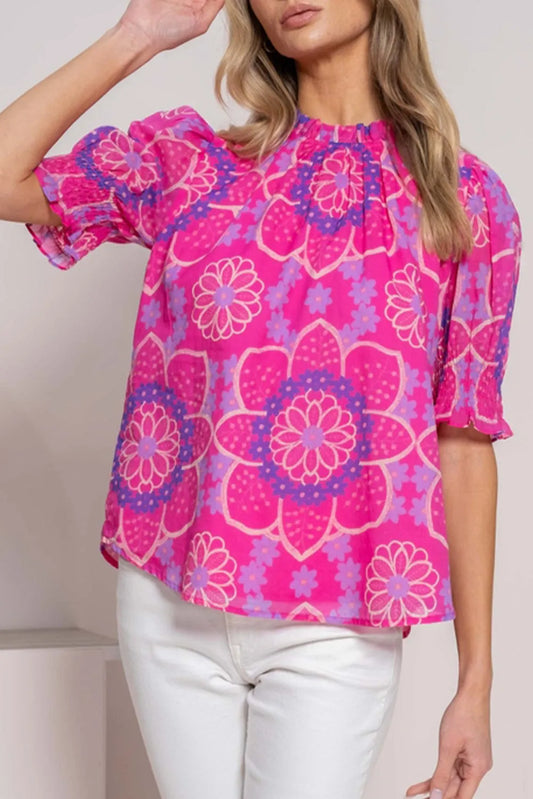 Rose Floral Print Frilled Neck Smocked Puff Sleeve Blouse - Chic Meadow Boutique 