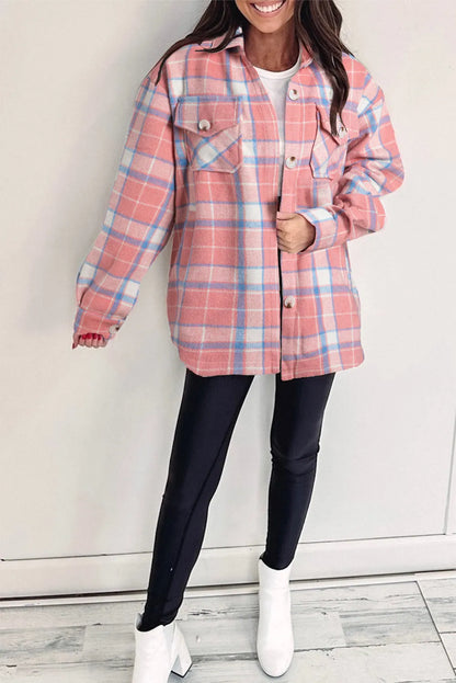 Pink Plaid Flap Pocket Button Up Shacket - Chic Meadow Boutique 