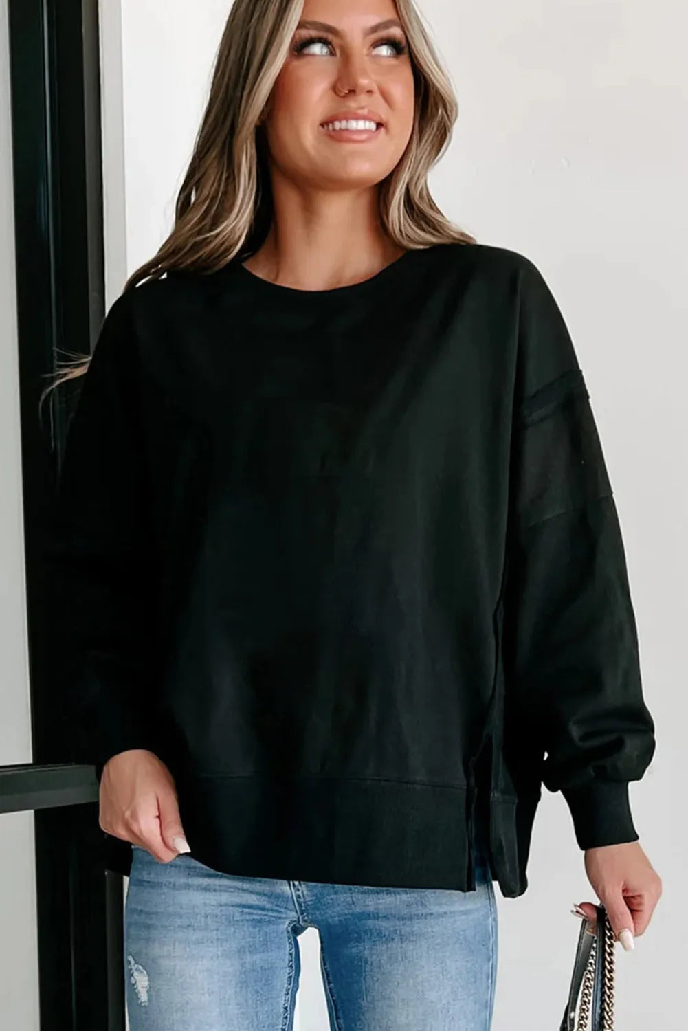 Black Exposed Seam Drop Shoulder Round Neck Sweatshirt with Slits - Chic Meadow Boutique 