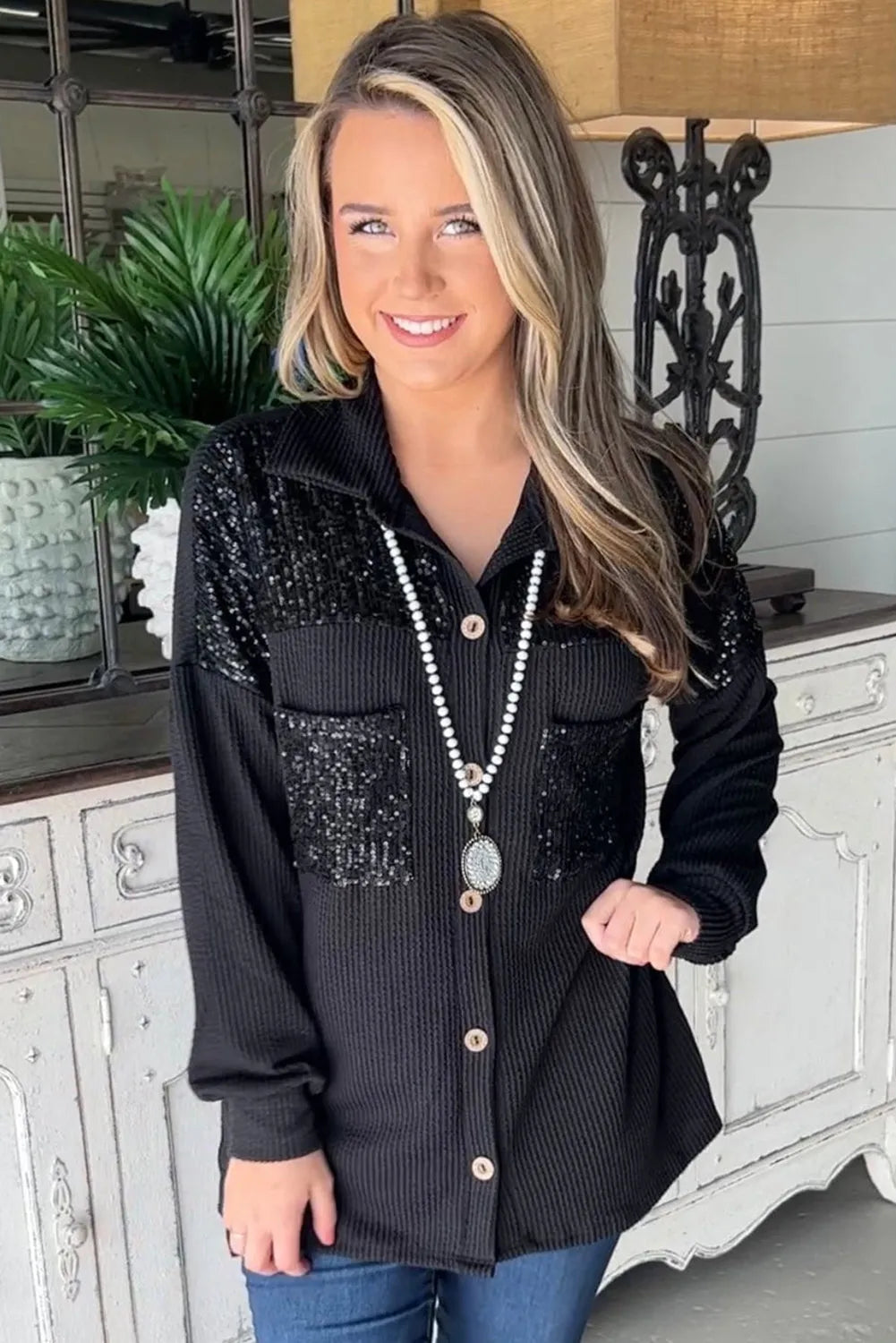 Black Sequin Patch Chest Pocket Corded Shacket - Chic Meadow Boutique 