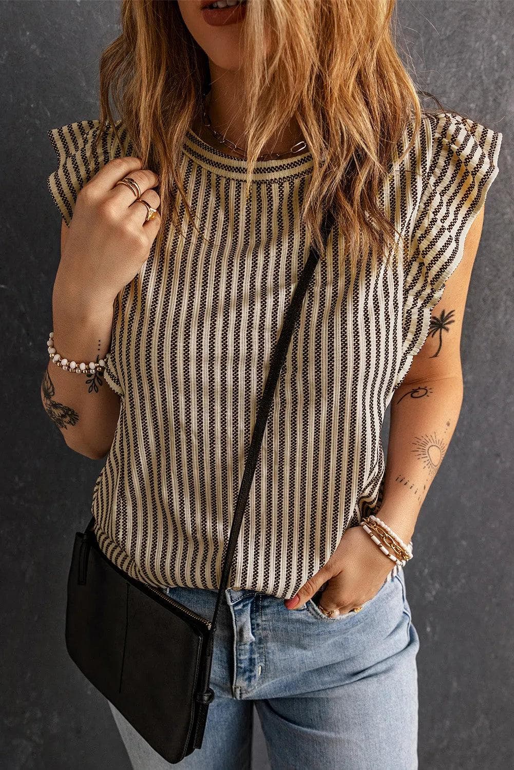 Tops/Tank Tops Khaki Striped Crew Neck Ruffled Tank Top