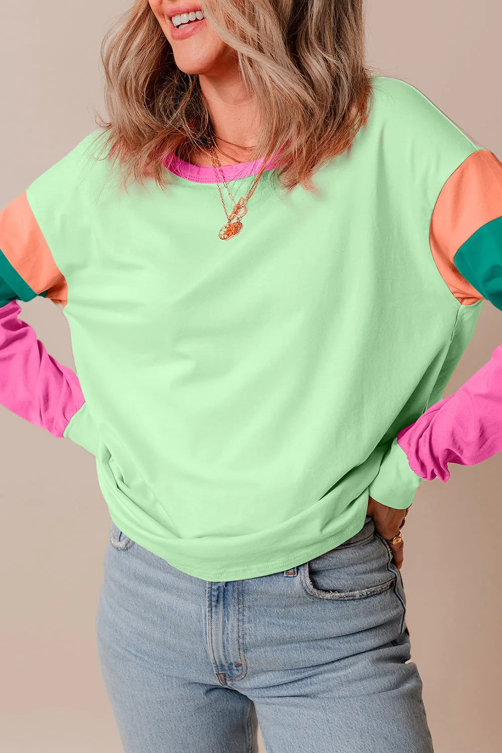 Green Colorblock Patchwork Long Sleeve Loose Top - Chic Meadow Boutique 