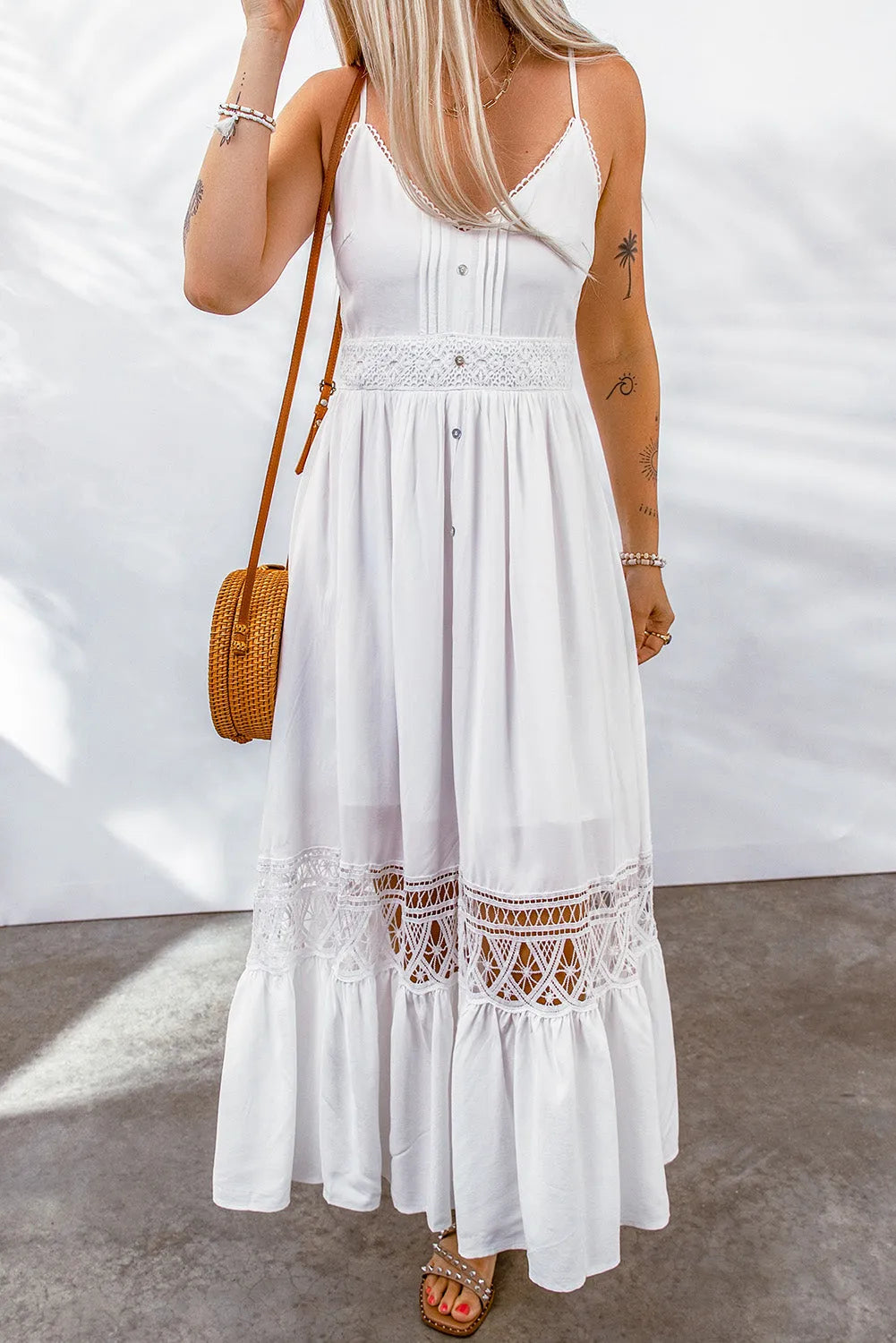 White Lace Splice Button Decor Spaghetti Strap Maxi Dress - Chic Meadow Boutique 