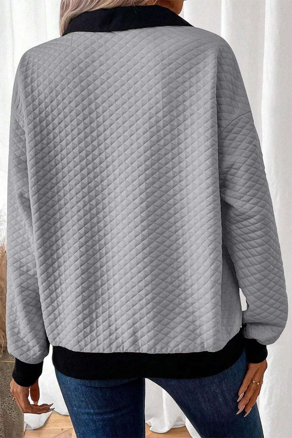 Light Grey Textured Colorblock Edge Buttoned Collar Sweatshirt - Chic Meadow Boutique 