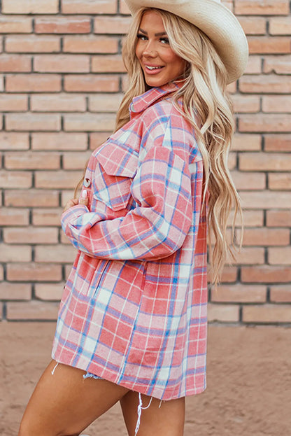 Pink Plaid Flap Pocket Button Up Shacket - Chic Meadow Boutique 