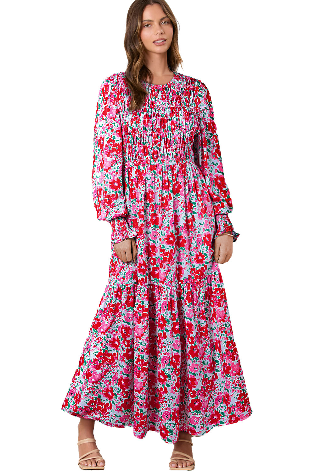 Sky Blue Floral Print Smocked Lantern Sleeve Tiered Maxi Dress