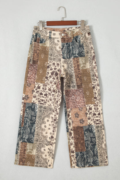 Khaki Patchwork Print Casual Shift Jeans