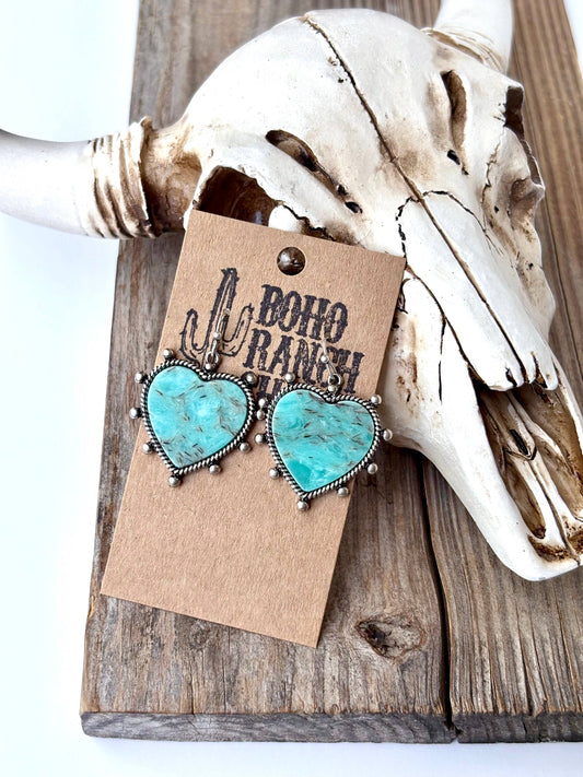 Western Marble Stone Heart Dangle Earrings