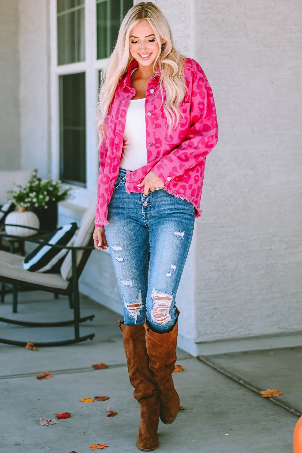 Outerwear/Denim jackets Pink Leopard Print Button Cuffs Raw Hem Jacket