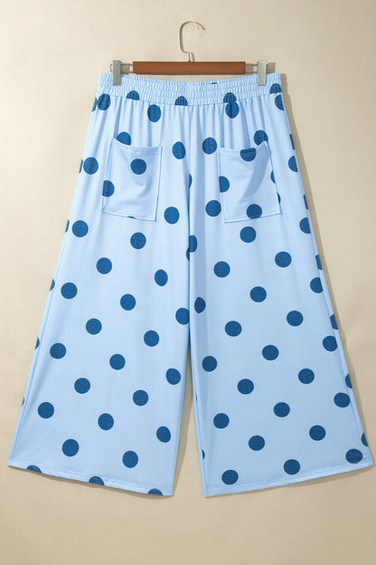 Sky Blue Polka Dot Elastic Waist Wide Leg Plus Size Pants