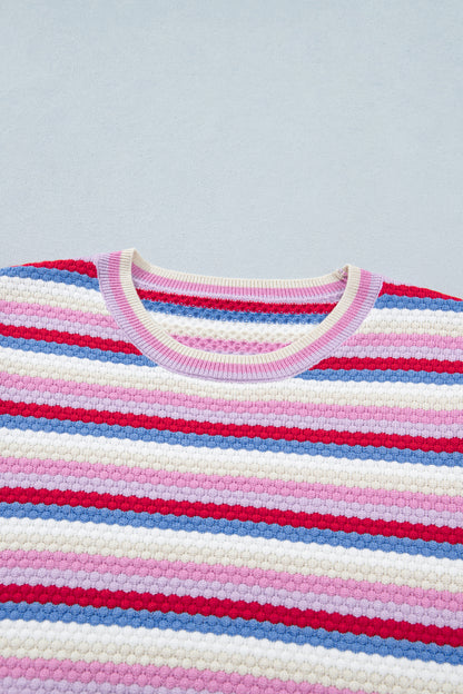 Multicolour Textured Stripes Knit Short Sleeve Sweater