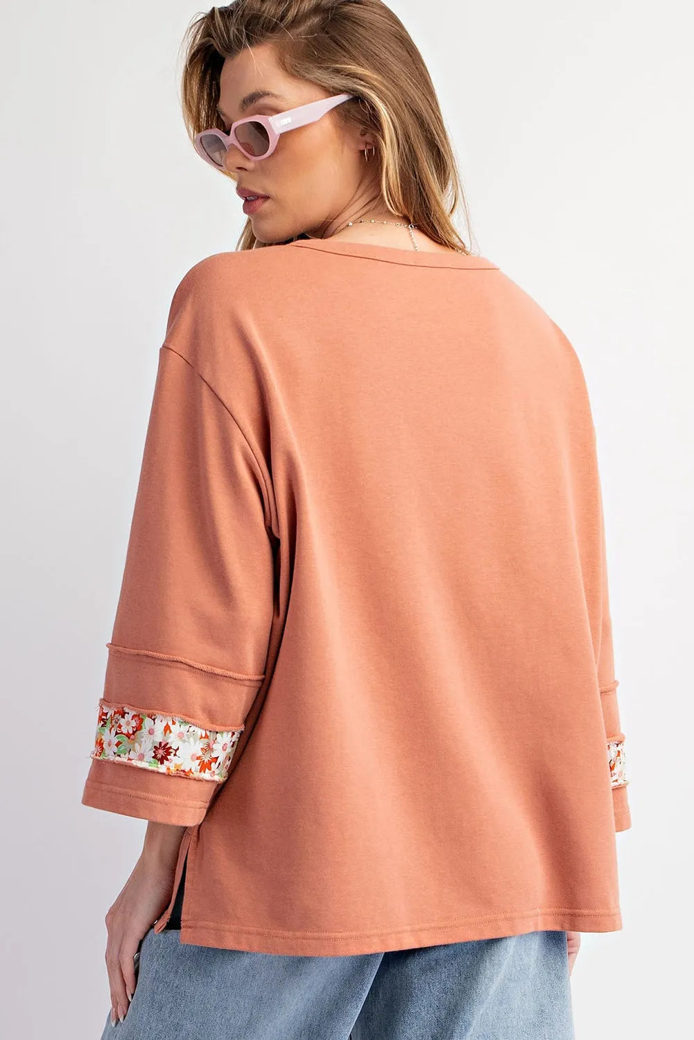 Grapefruit Orange Flower Patch Graphic Exposed Seam Wide Sleeve Top - Chic Meadow Boutique 