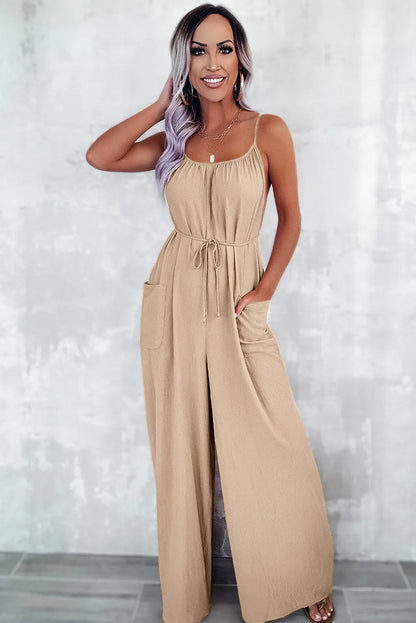 Apricot Spaghetti Straps Waist Tie Wide Leg Jumpsuit with Pockets - Chic Meadow Boutique 