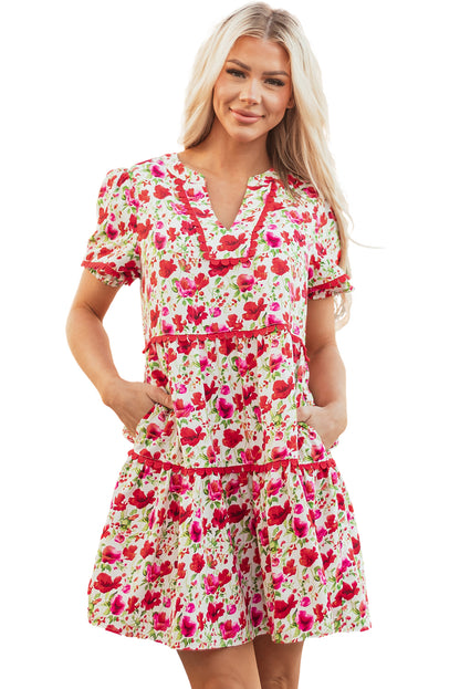 Red Floral Puff Sleeve Tiered Ric Rac Pocketed Mini Dress