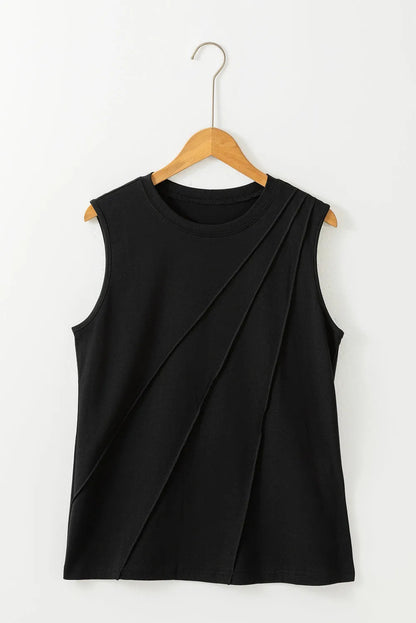 Black Crew Neck Pleated Tank Top - Chic Meadow Boutique 