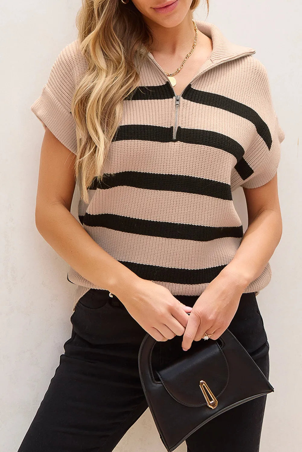 Khaki Stripe Zipped Collar Short Sleeve Sweater - Chic Meadow Boutique 