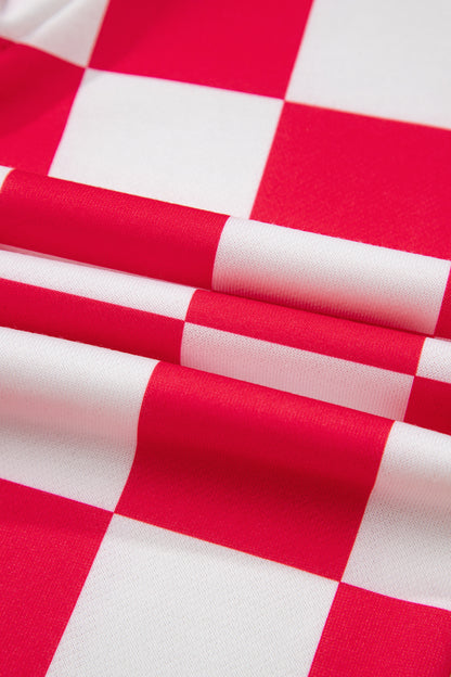 Red Checkered Print Half Zip Hoodie Loose Pant Set