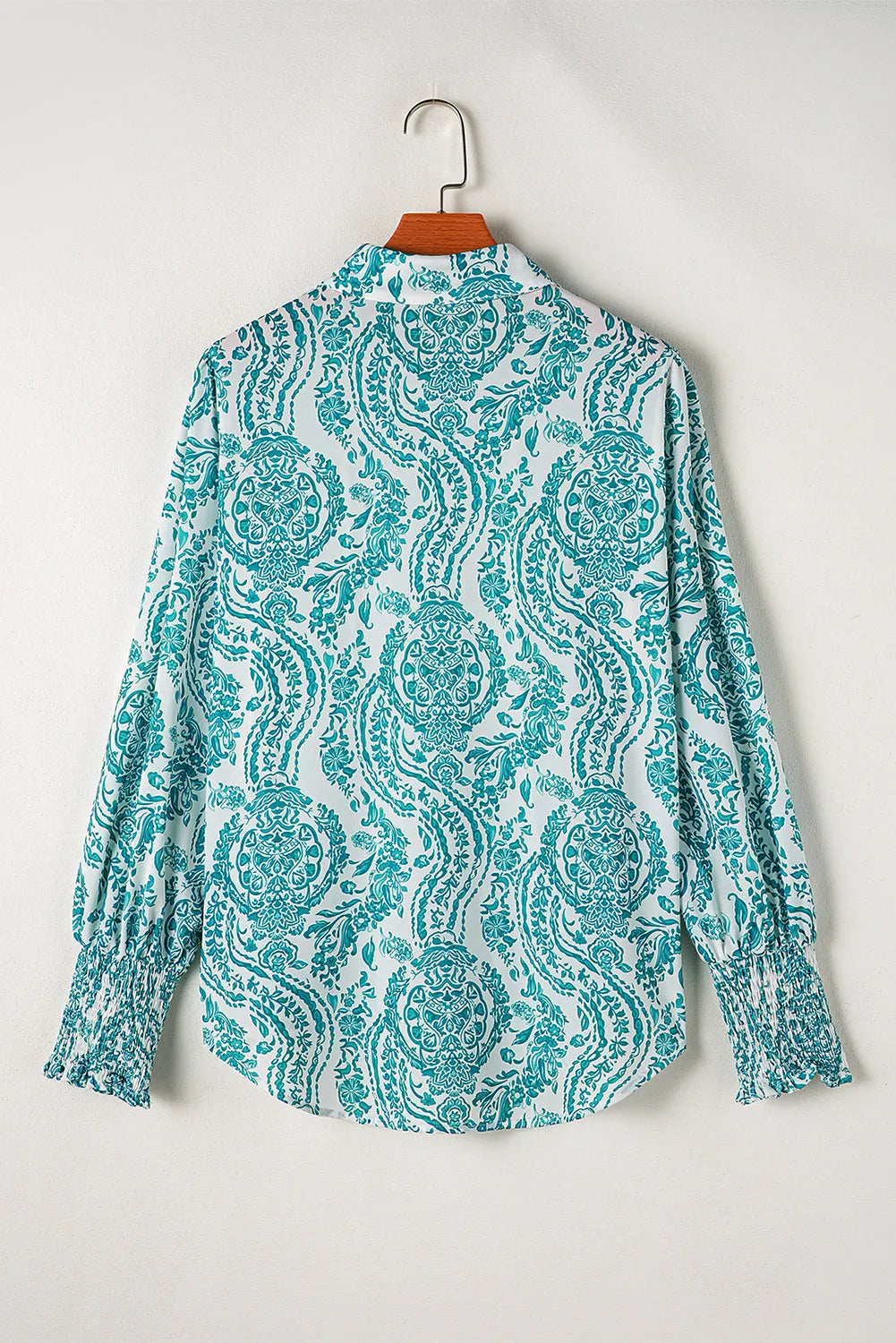 Green Paisley Print Smocked Cuff Buttoned Loose Shirt - Chic Meadow Boutique 