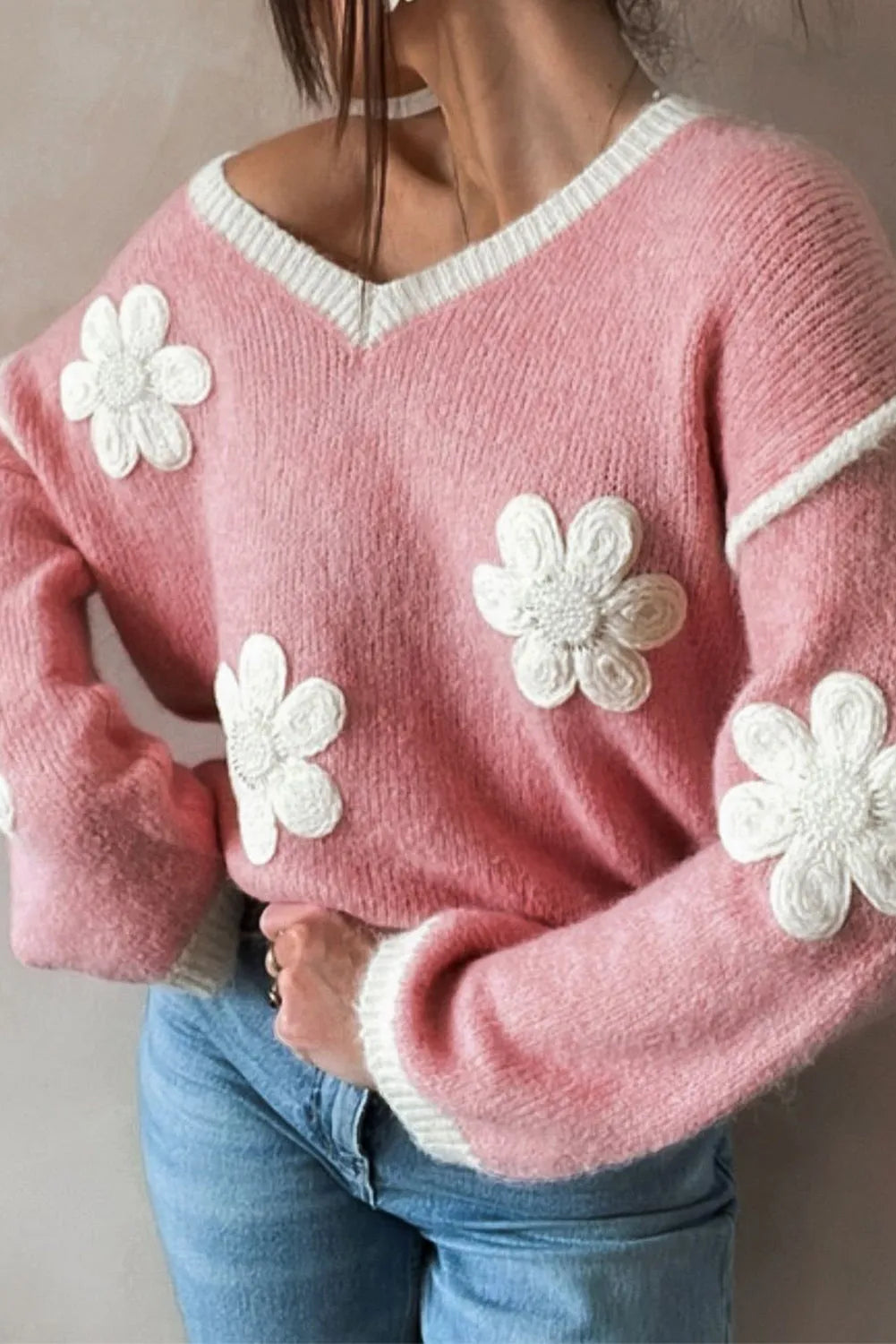 Sweaters & Cardigans/Sweaters Pink / S / 60%Acrylic+40%Polyamide Pink Flower V Neck Dropped Shoulder Sweater