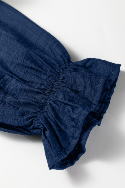 Dirty blue Leopard Trim V Neck Flounced Bracelet Sleeve Blouse