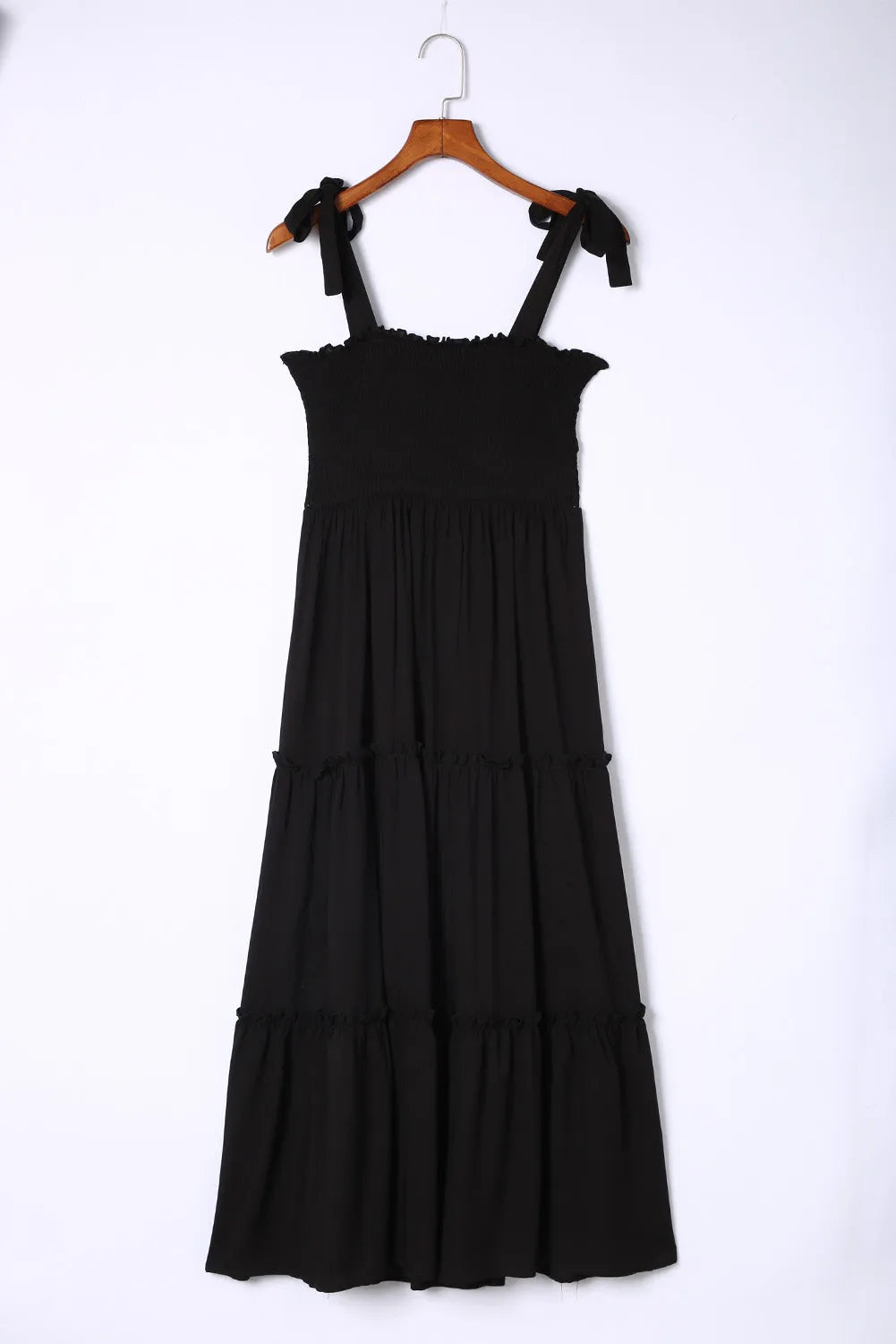 Black Tie Strap Smocked Frill Tiered Midi Dress - Chic Meadow Boutique 