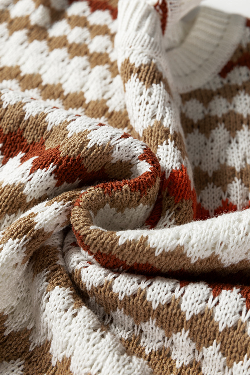 Brown Stripe Eyelet Patterned Drop Shoulder Sweater