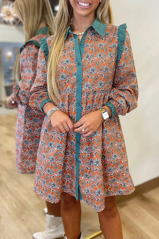Orange Boho Floral Contrast Collared Shirt Mini Dress