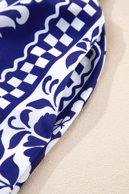 Dirty blue Shirred Waist V Neck Sleeveless Floral Print Midi Dress